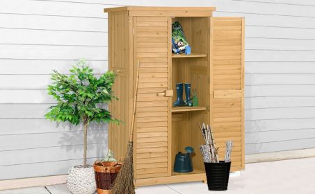 TOPMAX Wooden Garden Shed 3-tier Patio Storage Cabinet Outdoor Organizer Wooden Lockers with Fir Wood (Natural Wood Color -Shutter Design)