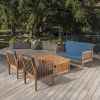 Outdoor Acacia Wood Sofa Set with Water Resistant Cushions, 4-Pcs Set, Brown Patina / Teal Blue