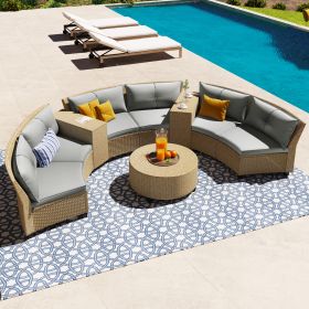 [VIDEO provided] 6 - Person Fan-shaped Rattan Suit Combination with Cushions and Table,Suitable for Garden (Color: Gray)