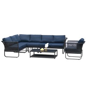 6 Piece Sectional Rattan Wicker 6 Person Sofa Set Patio Conversation Set, Navy Blue (Color: Navy Blue)