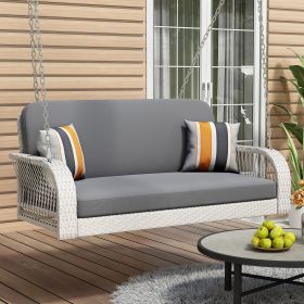 PE Wicker Porch Swing, 2-Seater Hanging Bench With Chains, Patio Furniture Swing For Backyard Garden Poolside (Color: Grey+White)