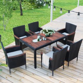 7-Piece Outdoor Patio Dining Set, Garden PE Rattan Wicker Dining Table and Chairs Set, Acacia Wood Tabletop, Stackable Armrest Chairs with Cushions (Color: Reddish-brown)