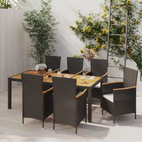 7 Piece Patio Dining Set with Cushions Poly Rattan Black (Color: Black)