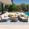 [VIDEO provided] 6 - Person Fan-shaped Rattan Suit Combination with Cushions and Table,Suitable for Garden