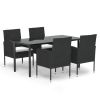 5 Piece Patio Dining Set with Cushions Black Poly Rattan