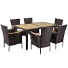 7-Piece Outdoor Patio Dining Set, Garden PE Rattan Wicker Dining Table and Chairs Set, Acacia Wood Tabletop, Stackable Armrest Chairs with Cushions