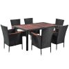 7-Piece Outdoor Patio Dining Set, Garden PE Rattan Wicker Dining Table and Chairs Set, Acacia Wood Tabletop, Stackable Armrest Chairs with Cushions