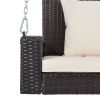 2-Person Wicker Hanging Porch Swing with Chains; Cushion; Pillow; Rattan Swing Bench for Garden; Backyard; Pond. (Brown Wicker; Beige Cushion)